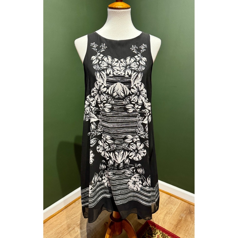 MAX STUDIO Black Sleeveless‎ Floral Print Sheer Overlay Shift Dress Women's XS